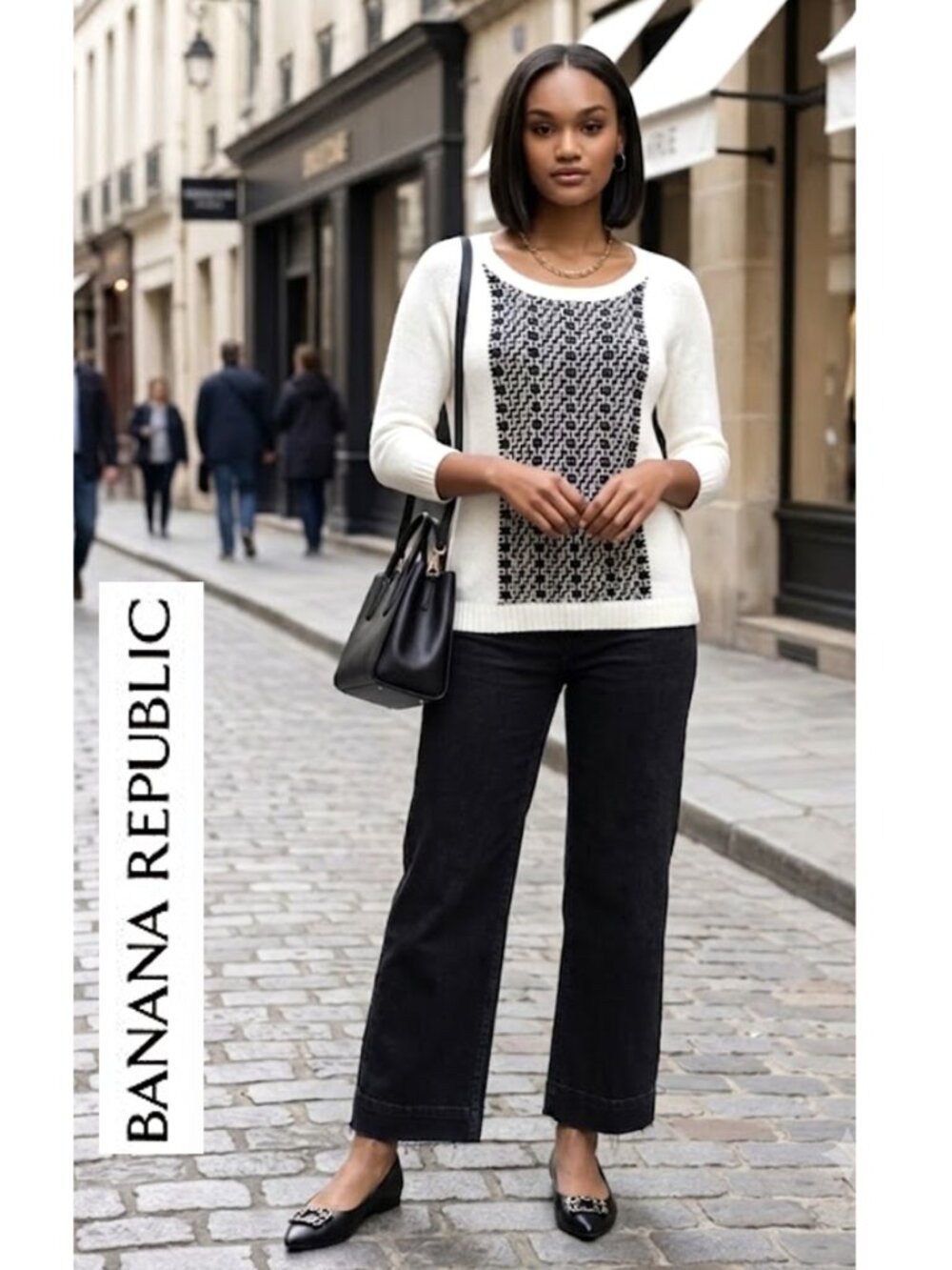(3 for $30) BANANA REPUBLIC - Cotton/silk blend ivory sweater with black design